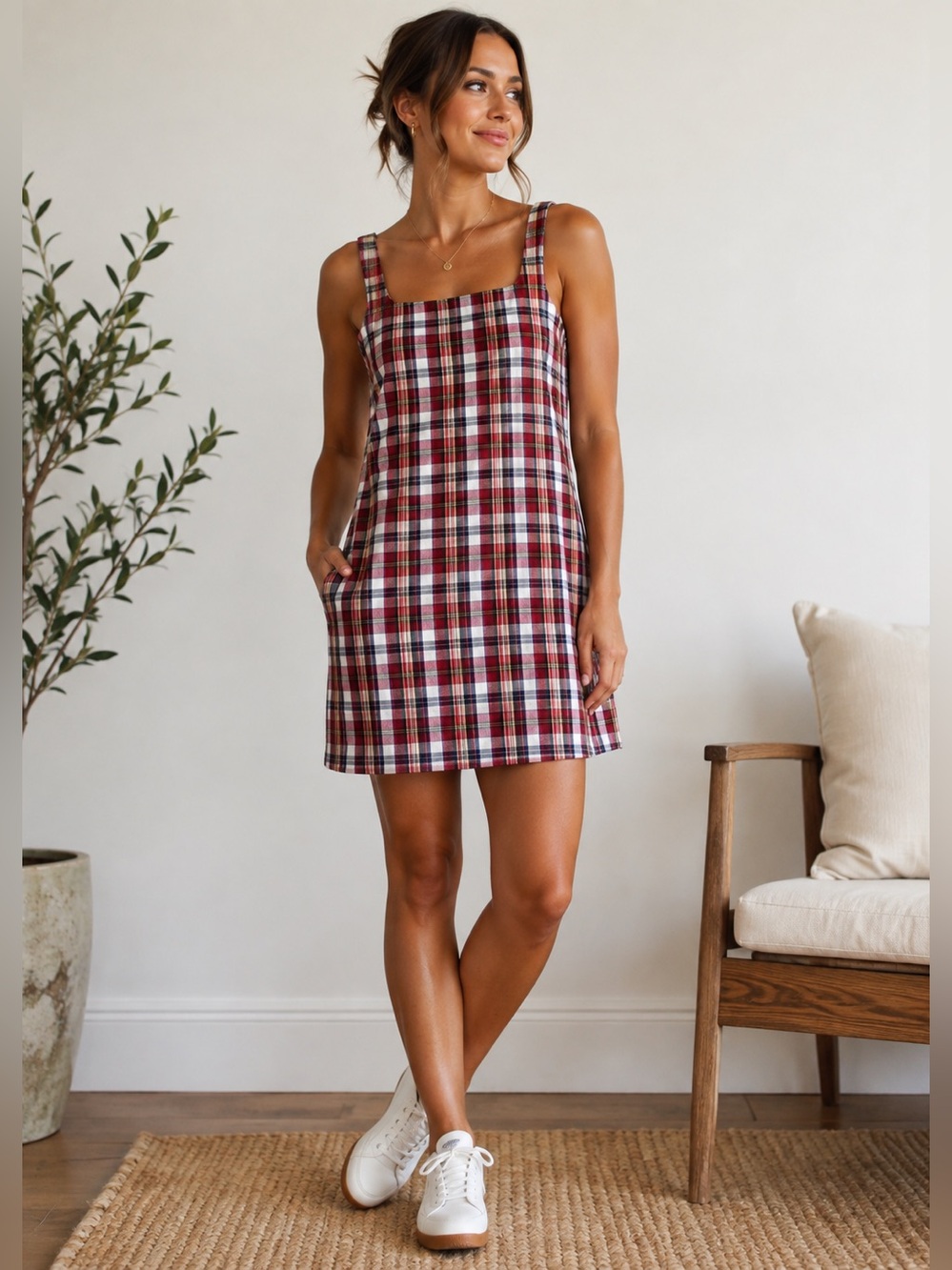 Vintage 90s Y2K Gap Red Plaid Mini Dress Square Neck Fully Lined Size 14